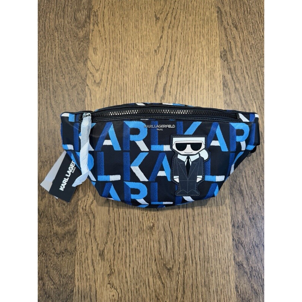 Karl Lagerfeld Paris Amour Belt Bag Blue Multi Full Zip Adjustable Logo NEW